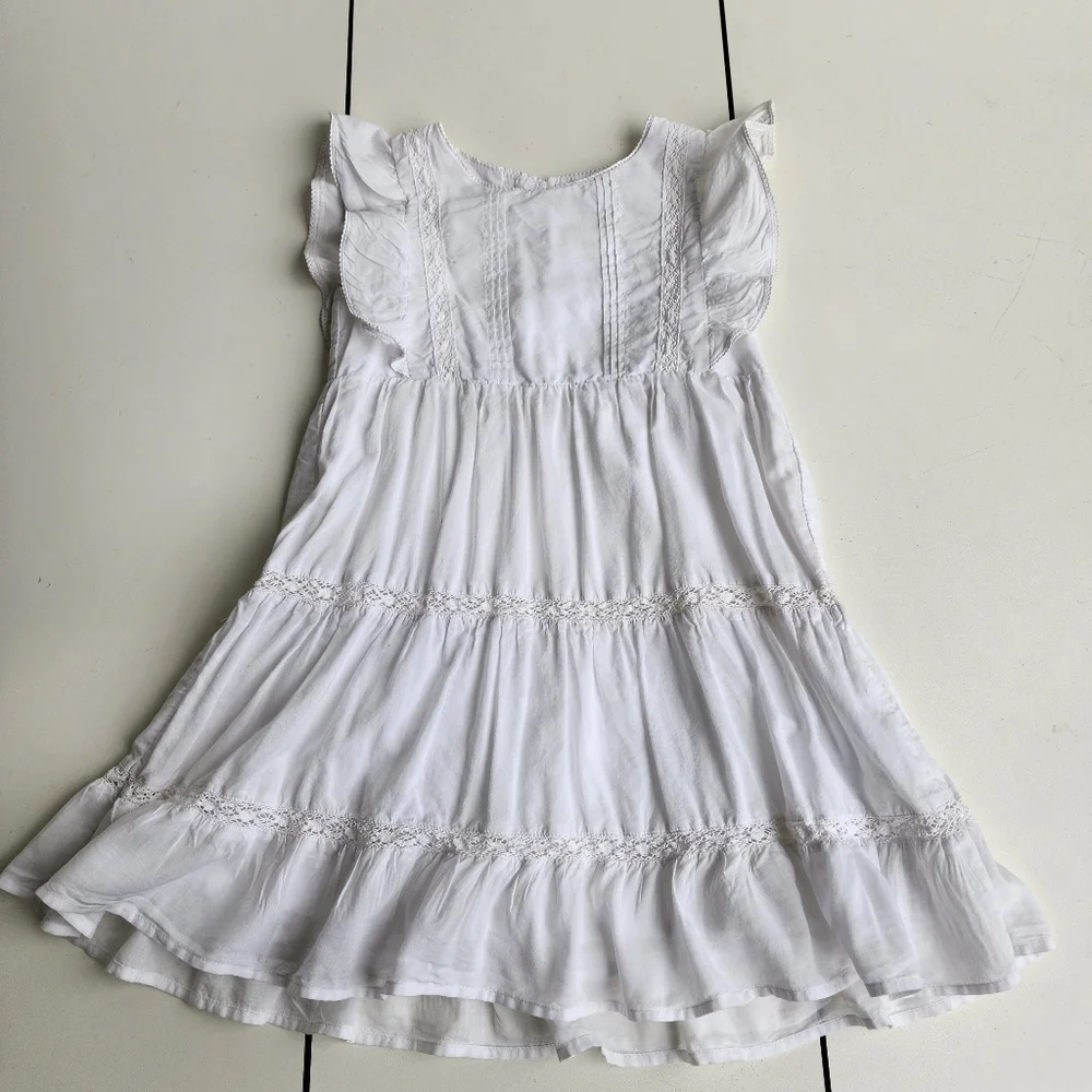 H&M Girls White Cotton Ruffled Summer Dress  Sundress Cap Sleeves Sz 6